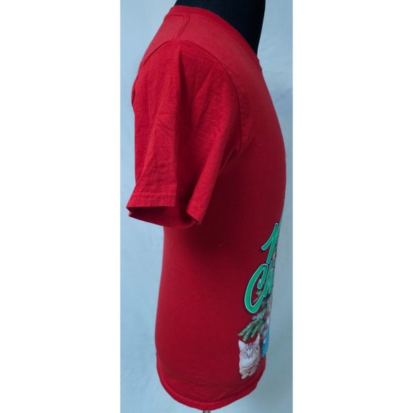 Dec. 25th Women Red Small Short Sleeve Meowy Christmas Tree Cats Holiday T-Shirt - Picture 6 of 10